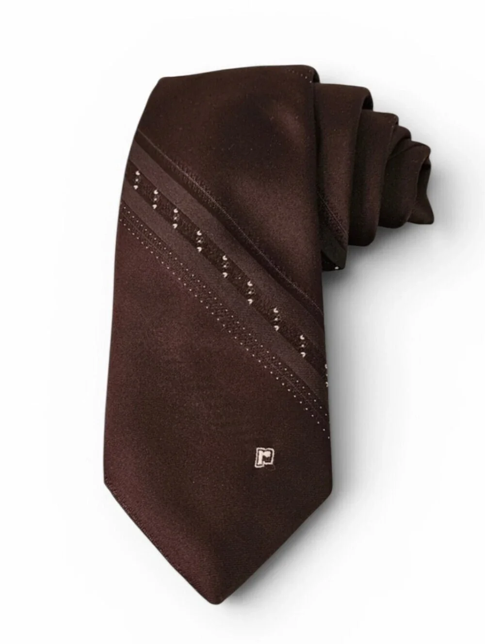 Paco Rabanne Paris Embroidered Vintage Monogram Necktie in Umber Brown and Tan